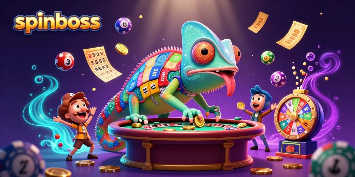 Spinboss chameleon casino owner captures coins amidst vibrant game elements and magical visuals