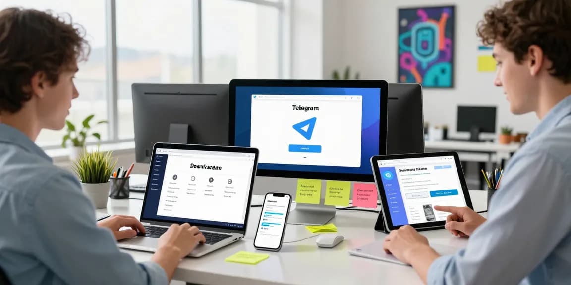 Download Telegram on diverse devices in a vibrant workspace, showcasing installation guides and digital communication tools.