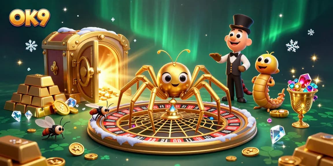 Place your bets with OK9 at this vibrant 3D casino scene showcasing dynamic characters and game elements.