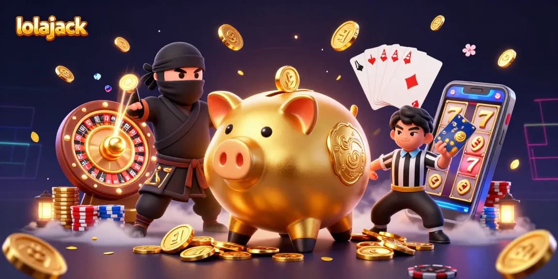 Experience the excitement of lolajack with a golden piggy bank and dazzling casino elements.