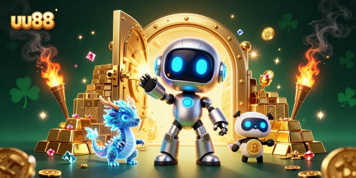 Engage with uu88 in this vibrant casino scene featuring a robot and holographic companions.