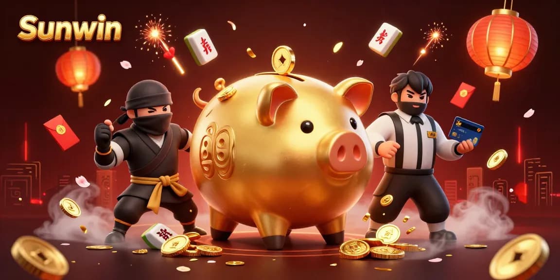 Sunwin's vibrant gambling scene showcases a golden piggy bank sumo wrestler stomping for coins amidst festive elements.