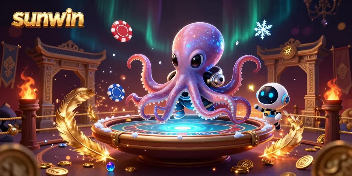 Experience the thrill of sunwin with a holographic poker table and alien characters in an exciting casino illustration.