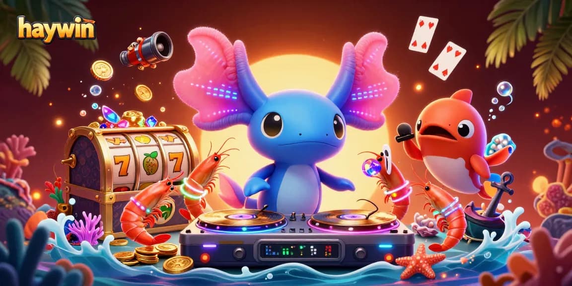 Experience winning vibes with haywin, a vibrant 3D underwater casino festivity illustration featuring energetic characters and gold.
