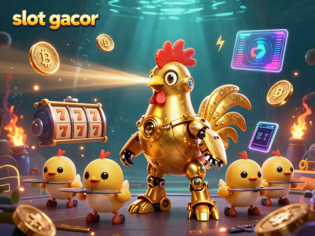 Engage with vibrant slot gacor illustration featuring golden rooster robot and baby chick drones surrounded by glowing slot game elements.
