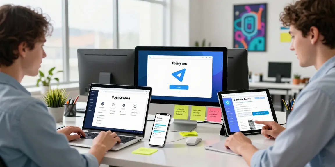Download Telegram on diverse devices in a vibrant workspace, showcasing installation guides and digital communication tools.