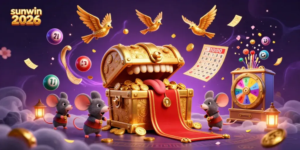 Experience exciting winnings with sunwin 2026, featuring vibrant illustrations of lottery action.