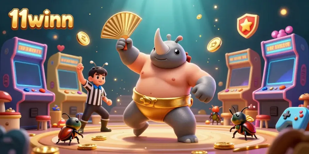 Join the exciting world of 11winn as golden coins fly in this colorful casino scene.