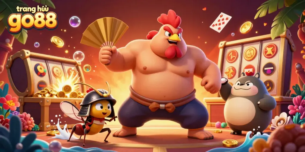 Experience dynamic action with "trang chủ go88" featuring a sumo wrestler and samurai cricket in a vibrant casino scene.