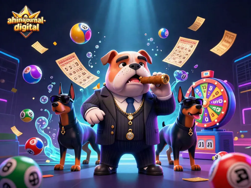 Engage with ahimajournal-digital's thrilling lottery scene featuring a mafia boss and colorful gaming elements.