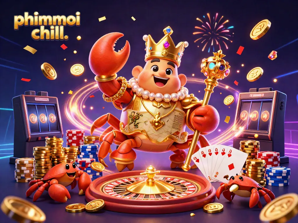 Enjoy the excitement of phimmoi chill. with a vibrant casino-themed illustration featuring a golden crab emperor.