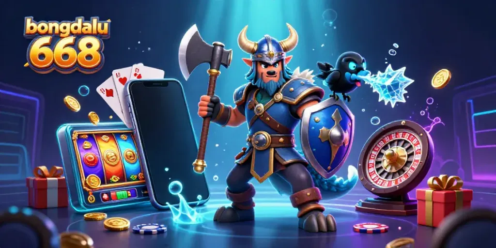 Bongdalu 668 illustration showcasing a Viking wolf warrior, ice-breathing dragon, and raven amidst vibrant casino-themed elements including slot games and poker chips.