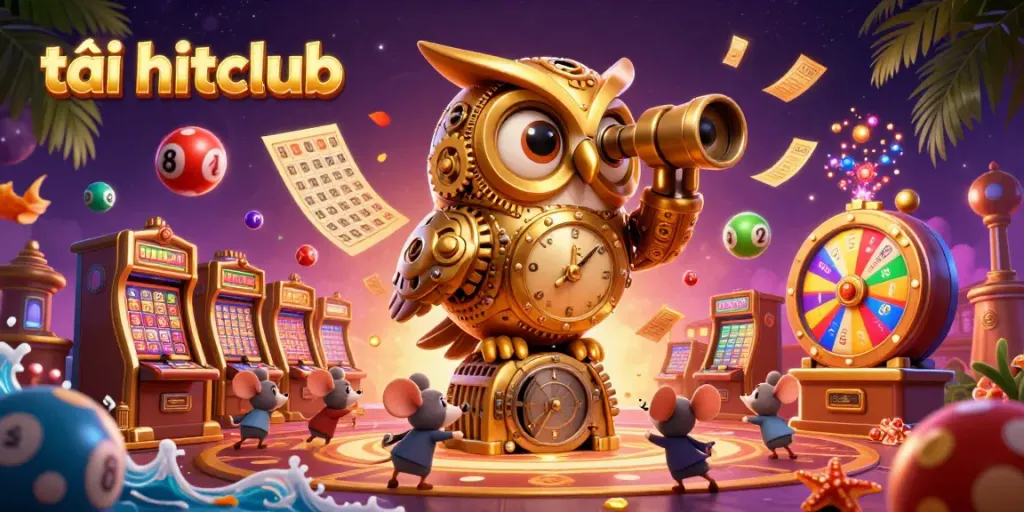 Experience thrilling casino action and tải hitclub with a cartoon clockwork owl overseeing a vibrant gaming floor.