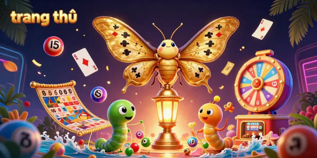 Experience the vibrant and dynamic world of gaming with "trang chủ," featuring colorful lottery elements and a captivating casino moth.