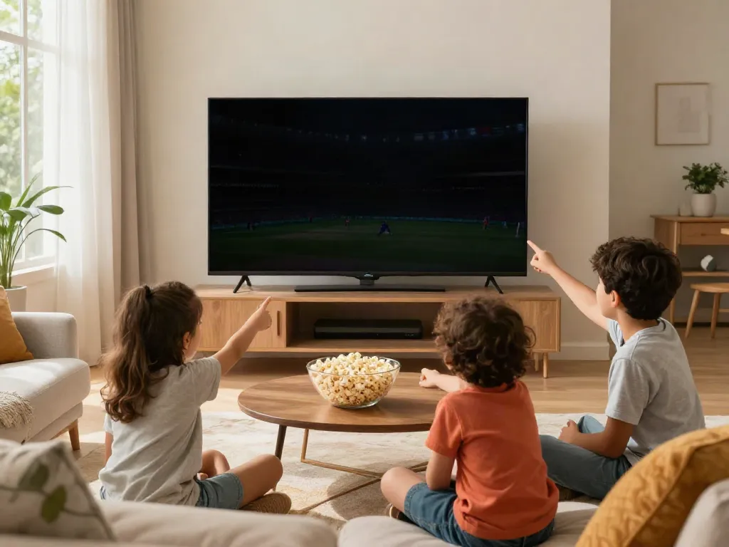 Pikashow Latest Version streaming on smart TV in a cozy family living room, showcasing movie and IPL cricket enjoyment.