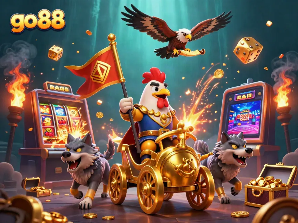 Experience the excitement of go 88 with a dynamic 3D casino scene, featuring a rooster warlord amidst jackpot elements.