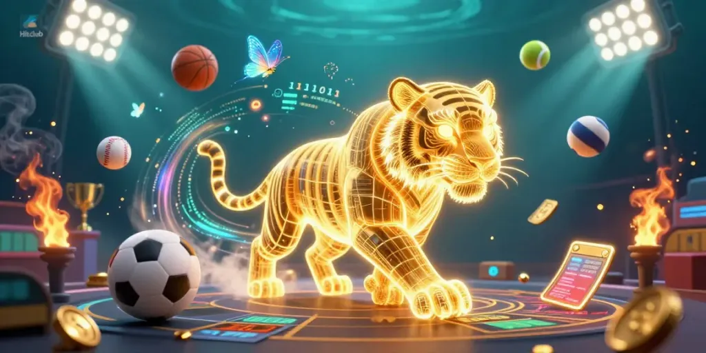 Experience the excitement of Hitclub with a dynamic digital casino scene featuring colorful sports elements.