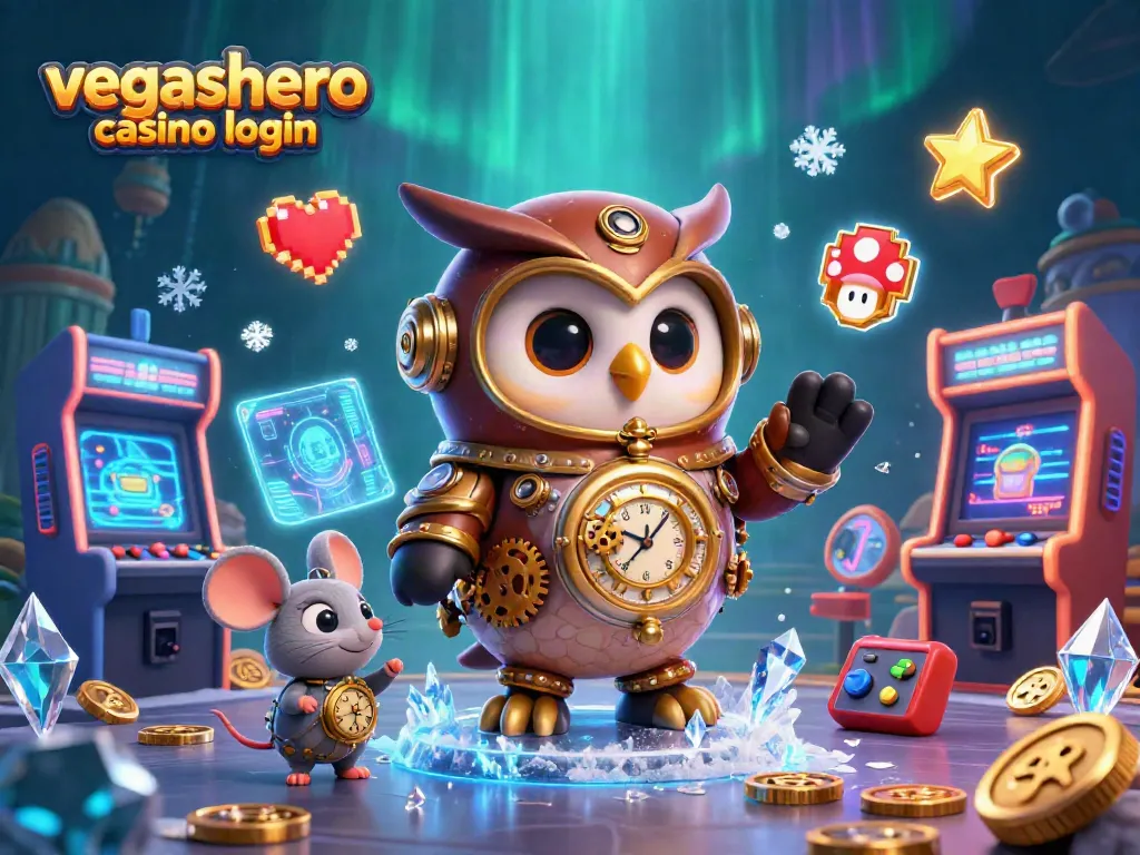 Engage with vegashero casino login in a vibrant 3D digital scene filled with casino elements and game icons.